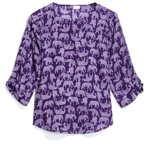 Pixley Blouse Pullover Elephant Pattern 3/4 Sleeves Purple